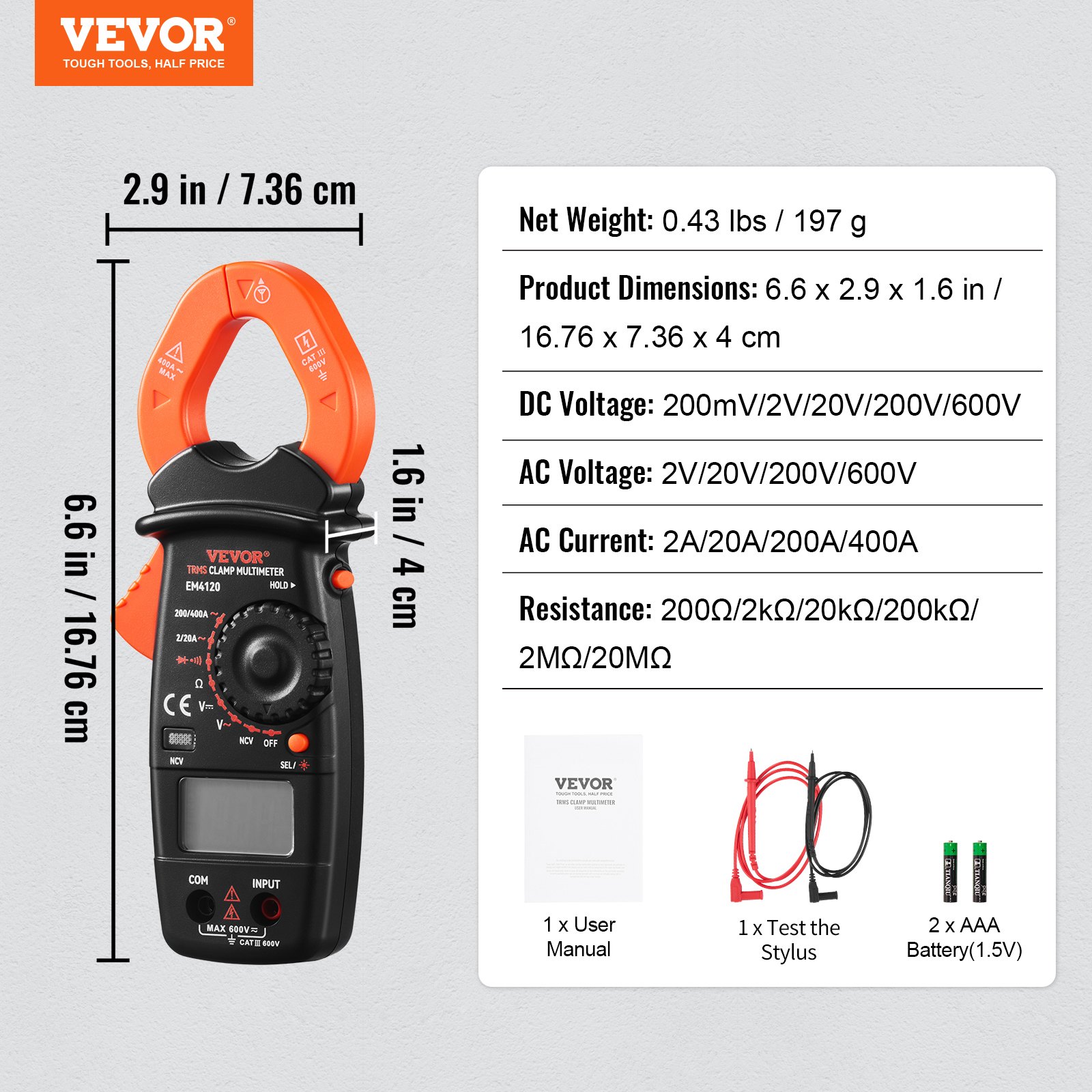Medidor de abrazadera digital VEVOR Multímetro True RMS AC DC Volt Amp NCV Medición
