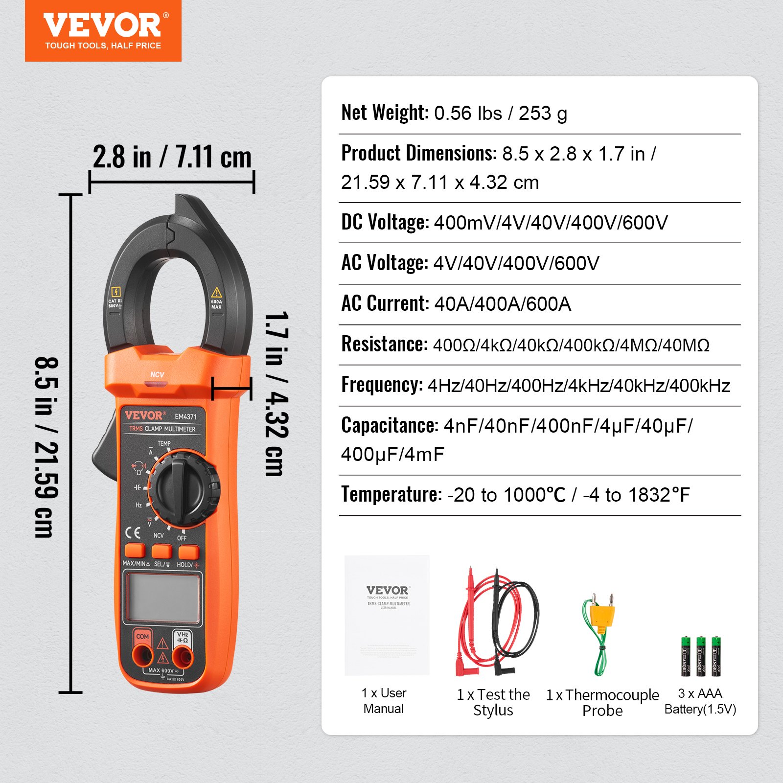 VEVOR Pinza amperimétrica digital T-RMS, 4000 recuentos, multímetro de abrazadera 600 A, mide corriente voltaje resistencia diodos continuidad retención de datos, con NCV para electrodomésticos, mante