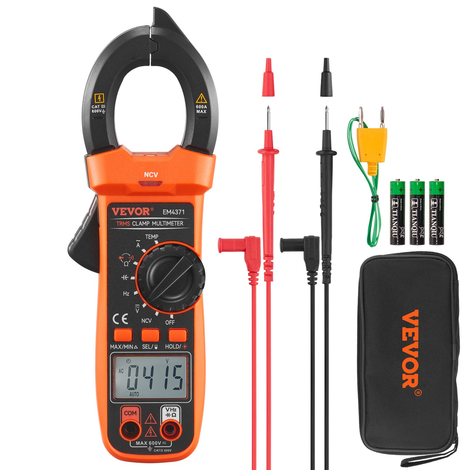 VEVOR Pinza amperimétrica digital T-RMS, 4000 recuentos, multímetro de abrazadera 600 A, mide corriente voltaje resistencia diodos continuidad retención de datos, con NCV para electrodomésticos, mante