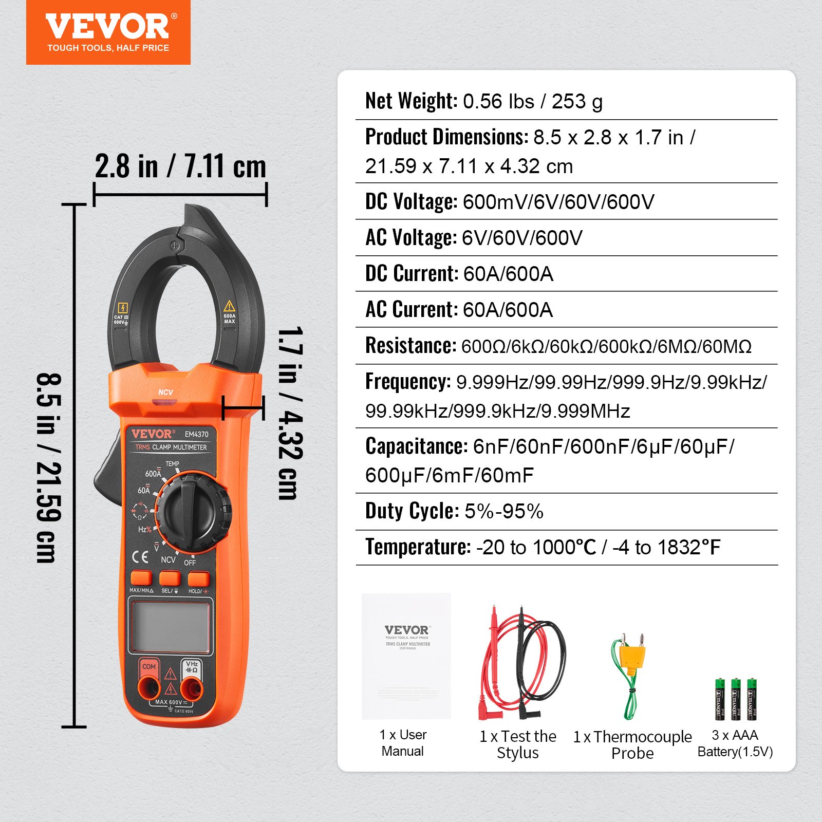 Medidor de abrazadera digital VEVOR Multímetro True RMS AC DC Volt Amp NCV Medición