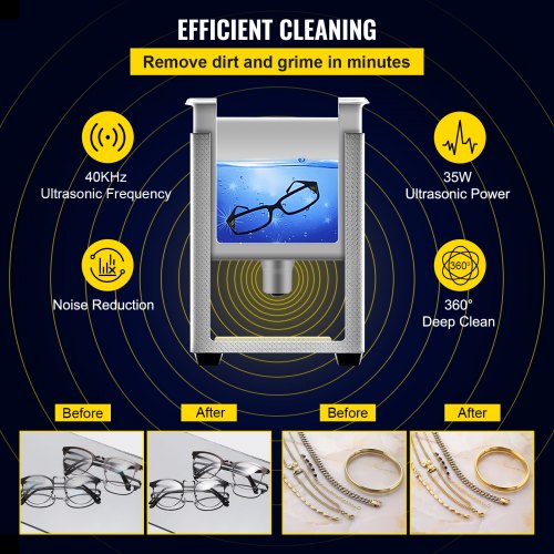 VEVOR Cronómetro Ultrasónico Digital 35W Gafas Joyerías 0,8L Acero Inoxidable