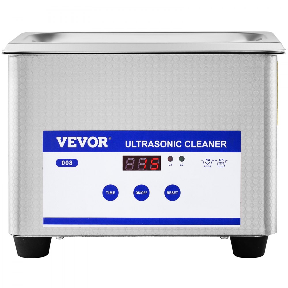 Limpiador ultrasónico VEVOR con pantalla digital y botones de control en cuerpo de acero inoxidable.