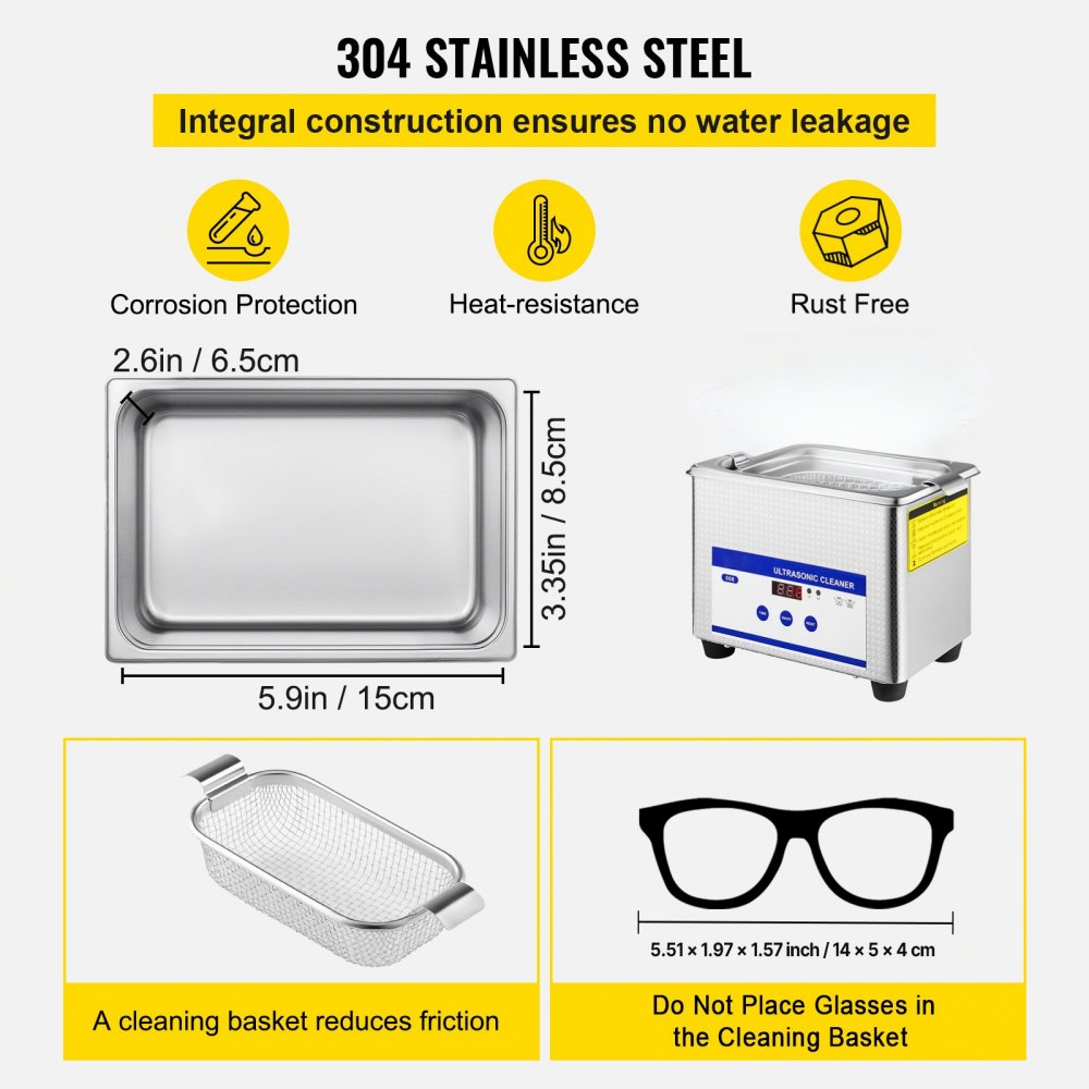 Limpiador ultrasónico profesional VEVOR de 0,8 l, de acero inoxidable 304, digital, con temporizador para joyería, relojes, gafas, placas de circuito, dentaduras postizas, piezas pequeñas, instrumentos dentales (0,8 l)