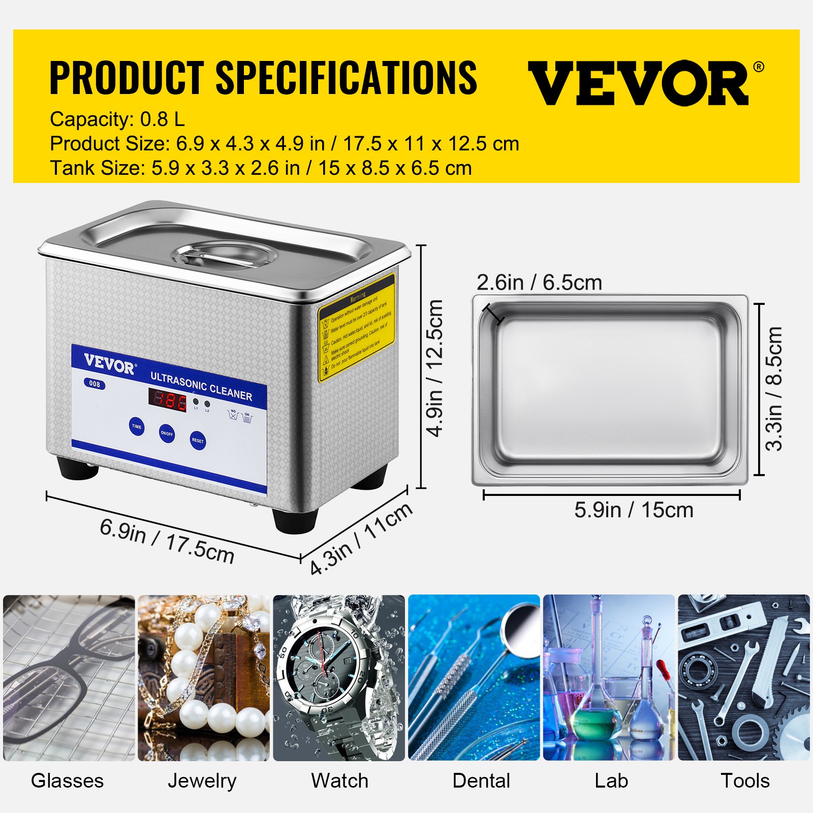Limpiador ultrasónico VEVOR, capacidad de 0,8l con dimensiones y usos para diversos artículos.