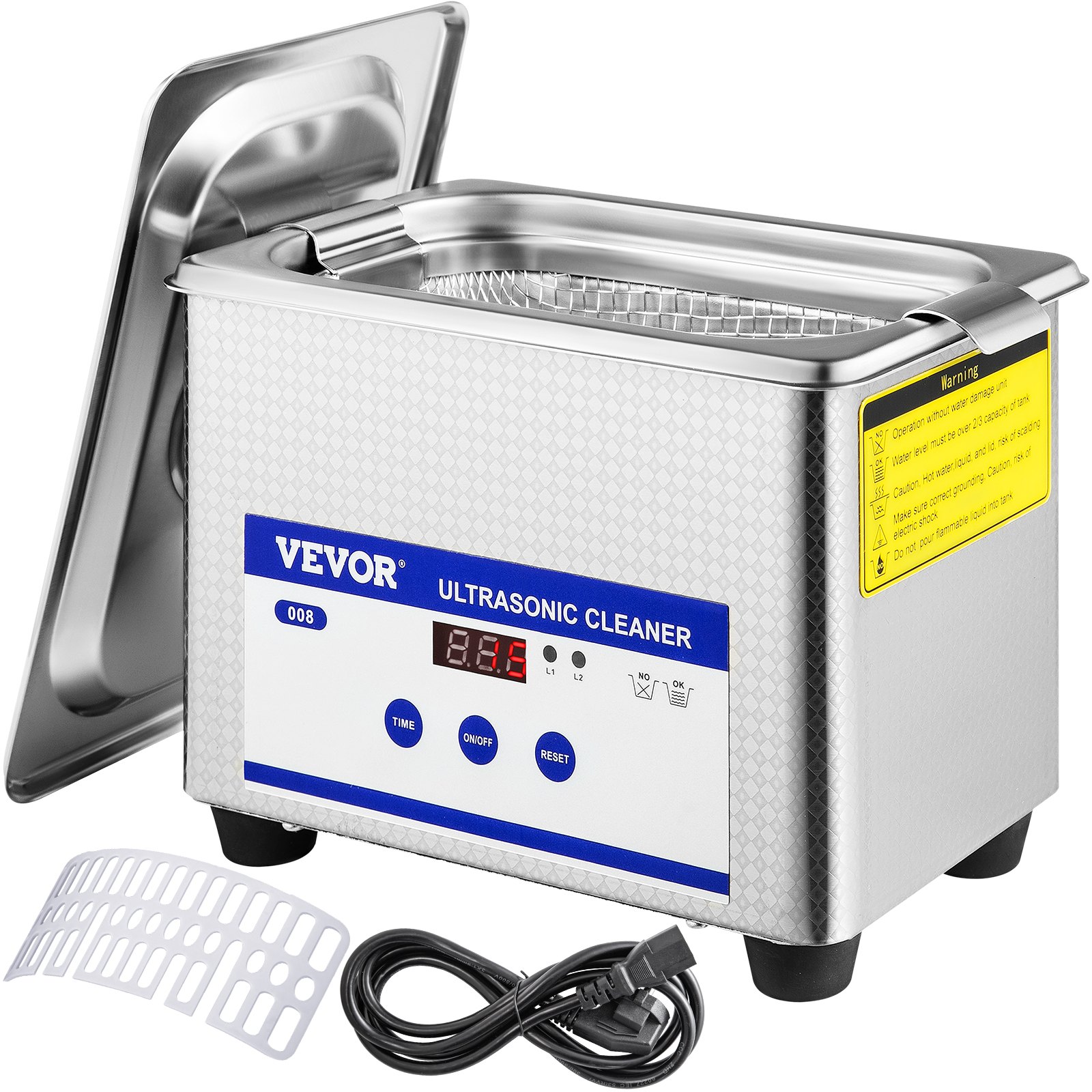 Limpiador ultrasónico VEVOR con cuerpo de acero inoxidable, tapa, pantalla digital y cable de alimentación.