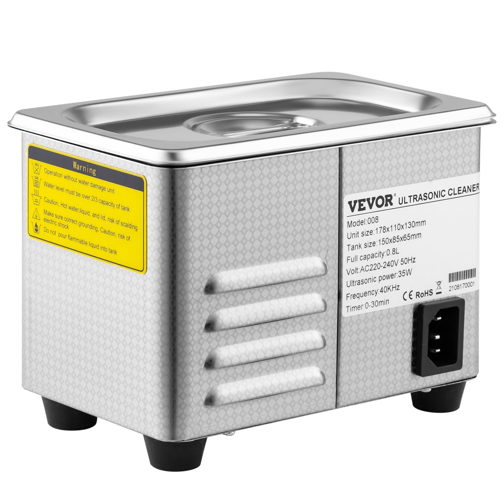 Limpiador ultrasónico VEVOR, cuerpo de acero inoxidable con advertencias y controles de seguridad.