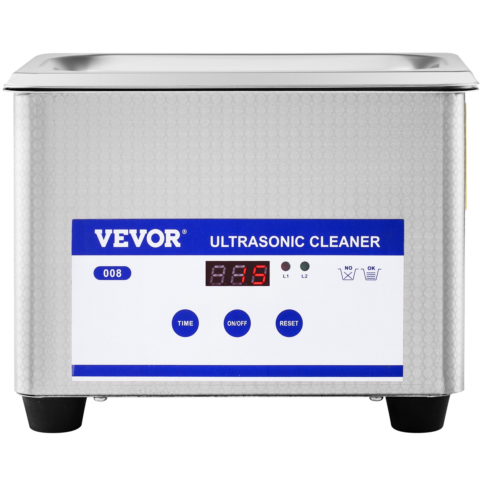 Limpiador ultrasónico VEVOR con pantalla digital y botones de control en cuerpo de acero inoxidable.