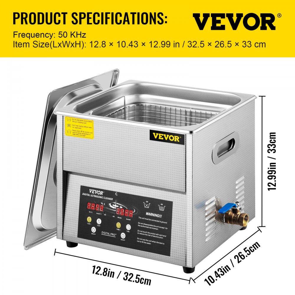 VEVOR Limpiador ultrasónico digital 10L Máquina de limpieza ultrasónica 50kHz 110V Máquina limpiadora sónica Máquina limpiadora ultrasónica de acero inoxidable 304 con calentador y temporizador para limpiar joyas Gafas Reloj
