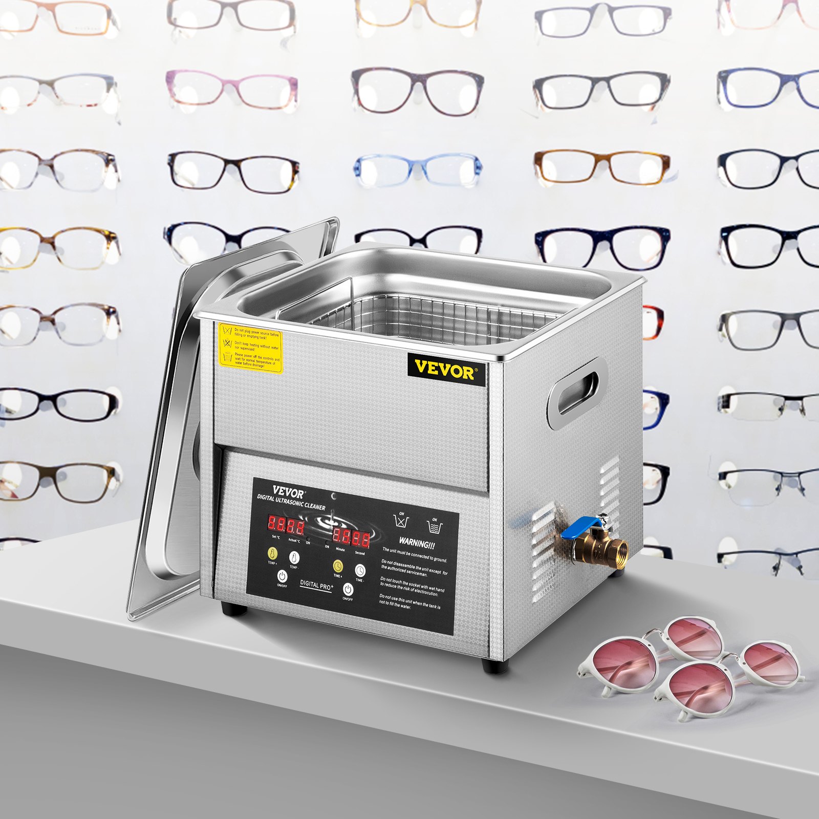 VEVOR Limpiador ultrasónico digital 10L Máquina de limpieza ultrasónica 50kHz 110V Máquina limpiadora sónica Máquina limpiadora ultrasónica de acero inoxidable 304 con calentador y temporizador para limpiar joyas Gafas Reloj