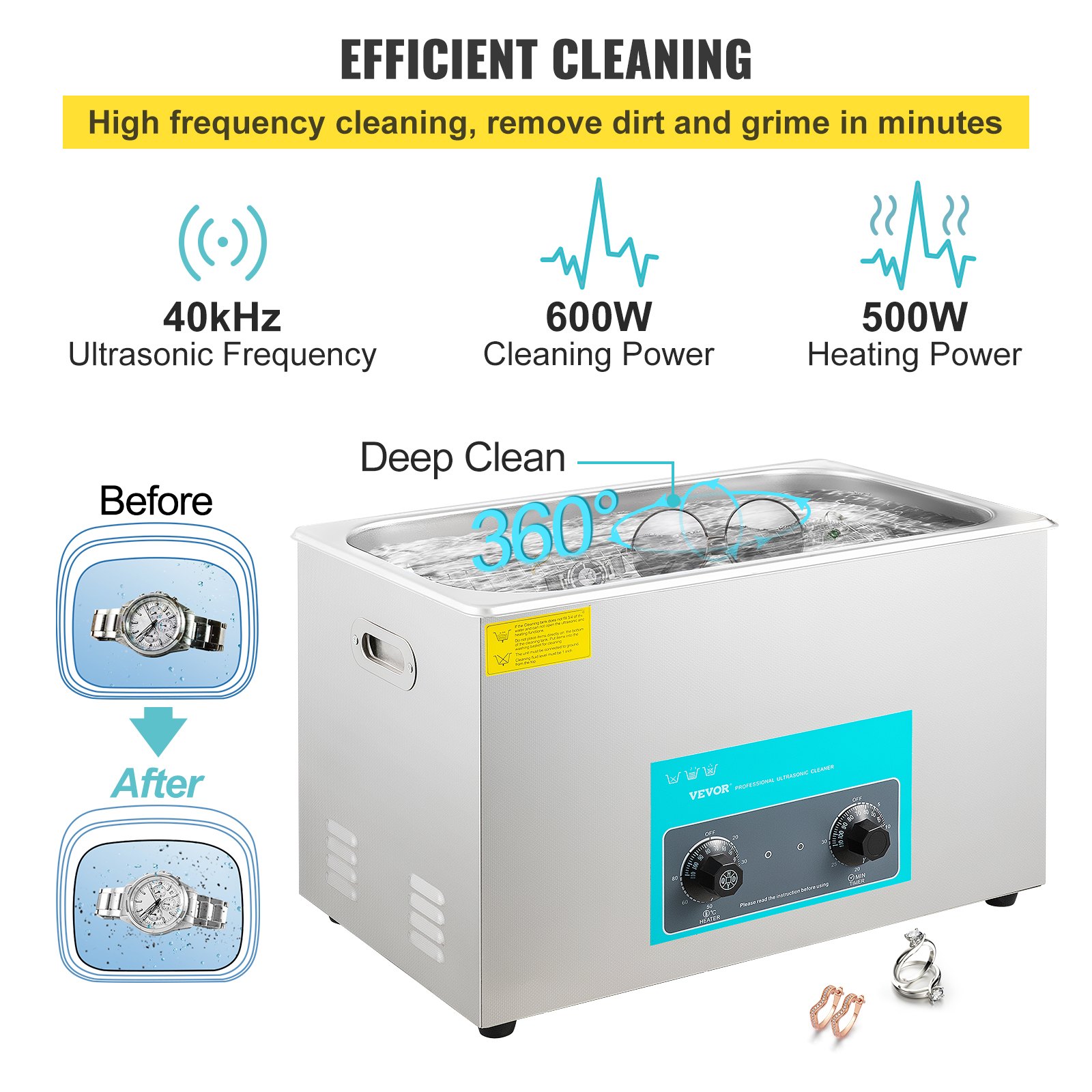 Limpiador ultrasónico VEVOR con frecuencia de 40 kHz, potencia de limpieza de 600 W, potencia de calentamiento de 500 W.