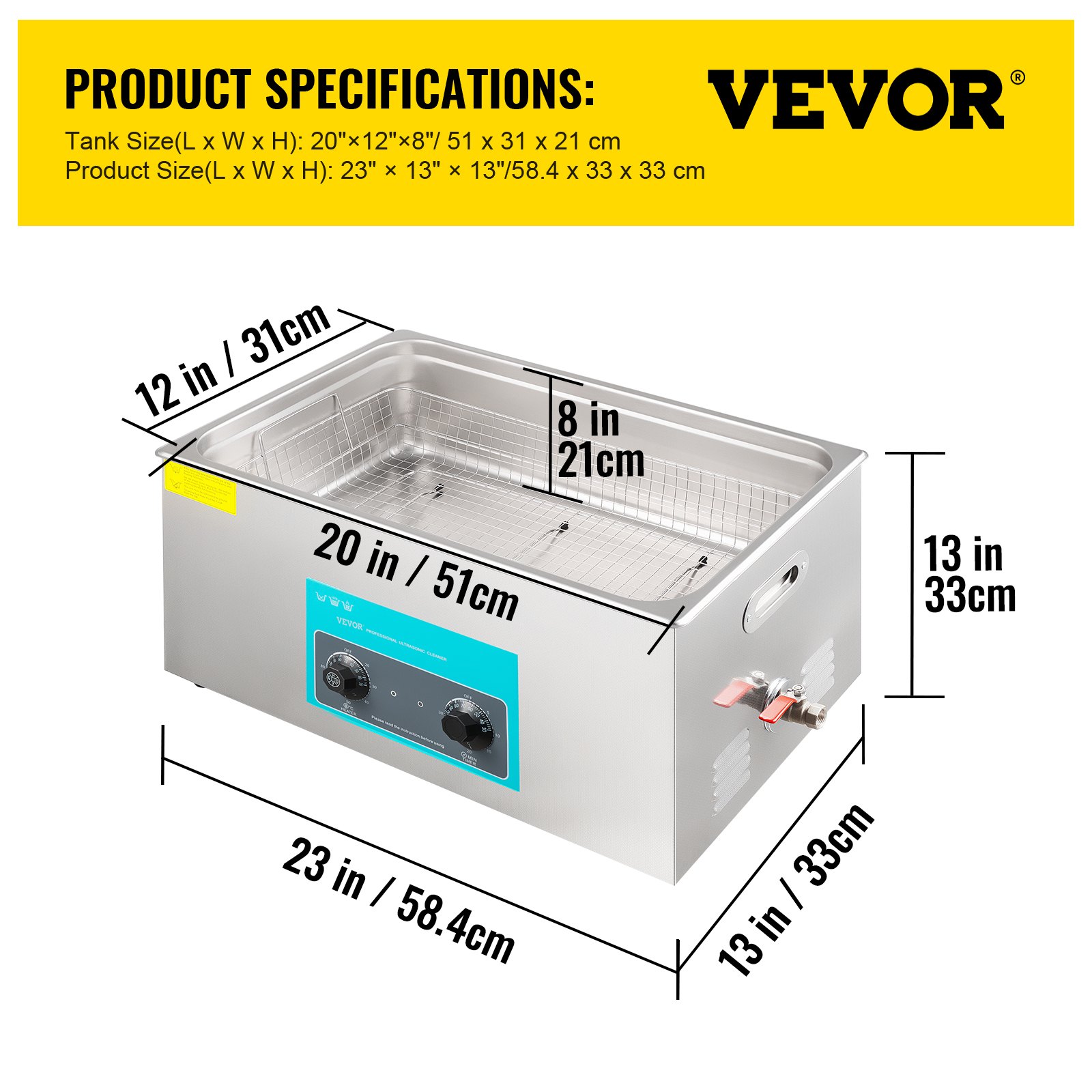 Limpiador ultrasónico VEVOR con dimensiones y especificaciones del producto.