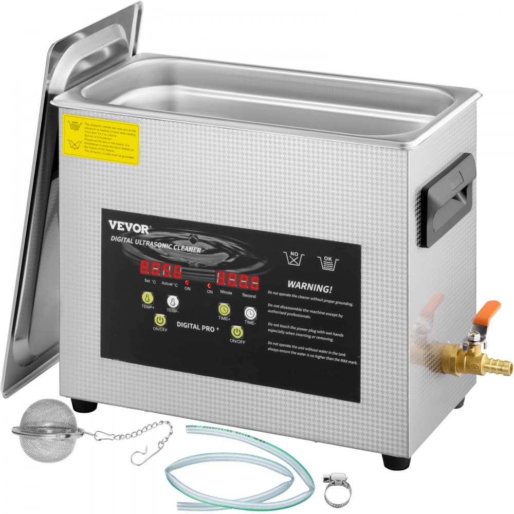 Limpiador ultrasónico VEVOR con pantalla digital, cesta para accesorios e interfaz de control.