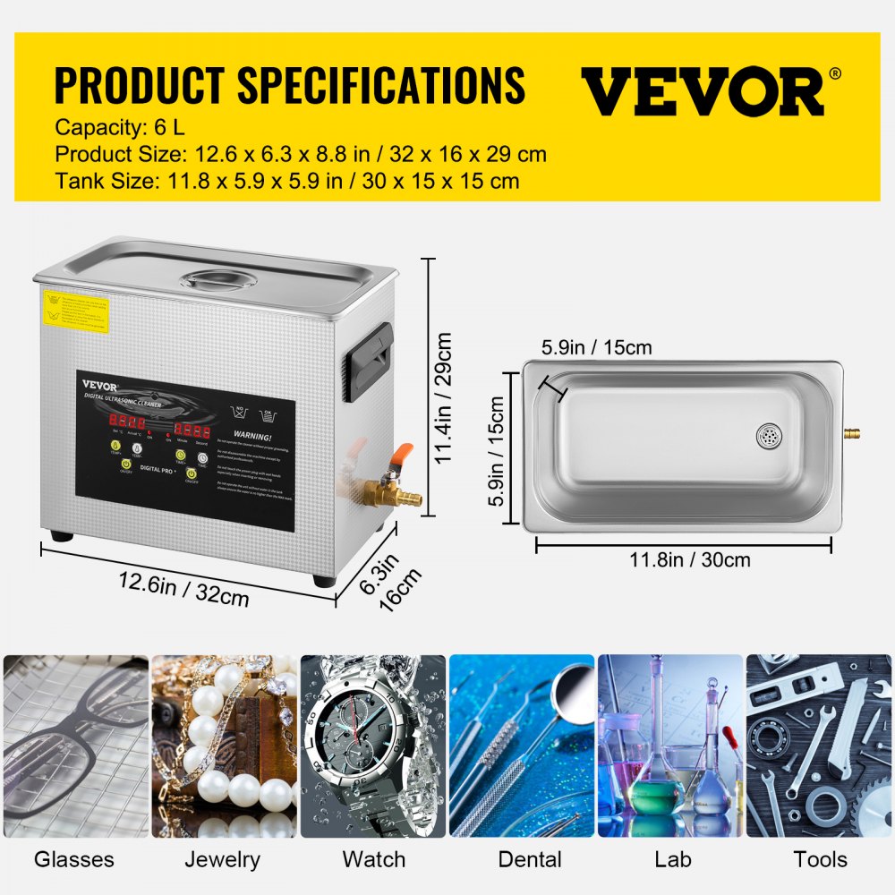 VEVOR Limpiador Ultrasónico 6 L Máquina de Limpieza Ultrasónica 400 W Máquina Limpiadora Ultrasónica con Temporizador y Calentador Digital LCD para Joyas, Gafas, Relojes, Metal, Dental, Laboratorio