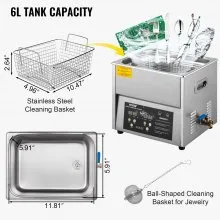 VEVOR Limpiador ultrasónico digital 6L Máquina de limpieza ultrasónica 50kHz 110V Máquina limpiadora sónica Máquina limpiadora ultrasónica de acero inoxidable 304 con calentador y temporizador para limpiar joyas Gafas Relojes