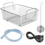Accesorios para limpiador ultrasónico VEVOR que incluyen cesta, manguera, cable de alimentación y cadena de metal.
