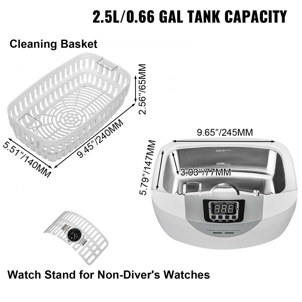 VEVOR Limpiador ultrasónico 2.5L Limpiador ultrasónico de joyas 40kHz Máquina limpiadora ultrasónica de joyas Plástico ABS y acero inoxidable 304 Limpiador sónico con calentador y temporizador para frutas Joyas Gafas Relojes