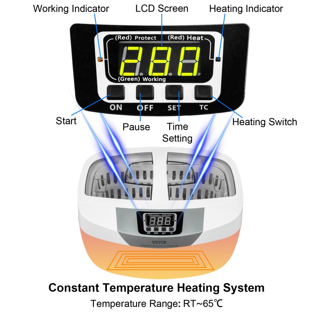 VEVOR Limpiador ultrasónico 2.5L Limpiador ultrasónico de joyas 40kHz Máquina limpiadora ultrasónica de joyas Plástico ABS y acero inoxidable 304 Limpiador sónico con calentador y temporizador para frutas Joyas Gafas Relojes