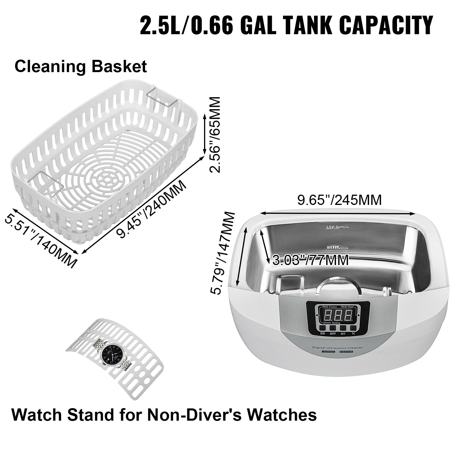 VEVOR Limpiador ultrasónico 2.5L Limpiador ultrasónico de joyas 40kHz Máquina limpiadora ultrasónica de joyas Plástico ABS y acero inoxidable 304 Limpiador sónico con calentador y temporizador para frutas Joyas Gafas Relojes