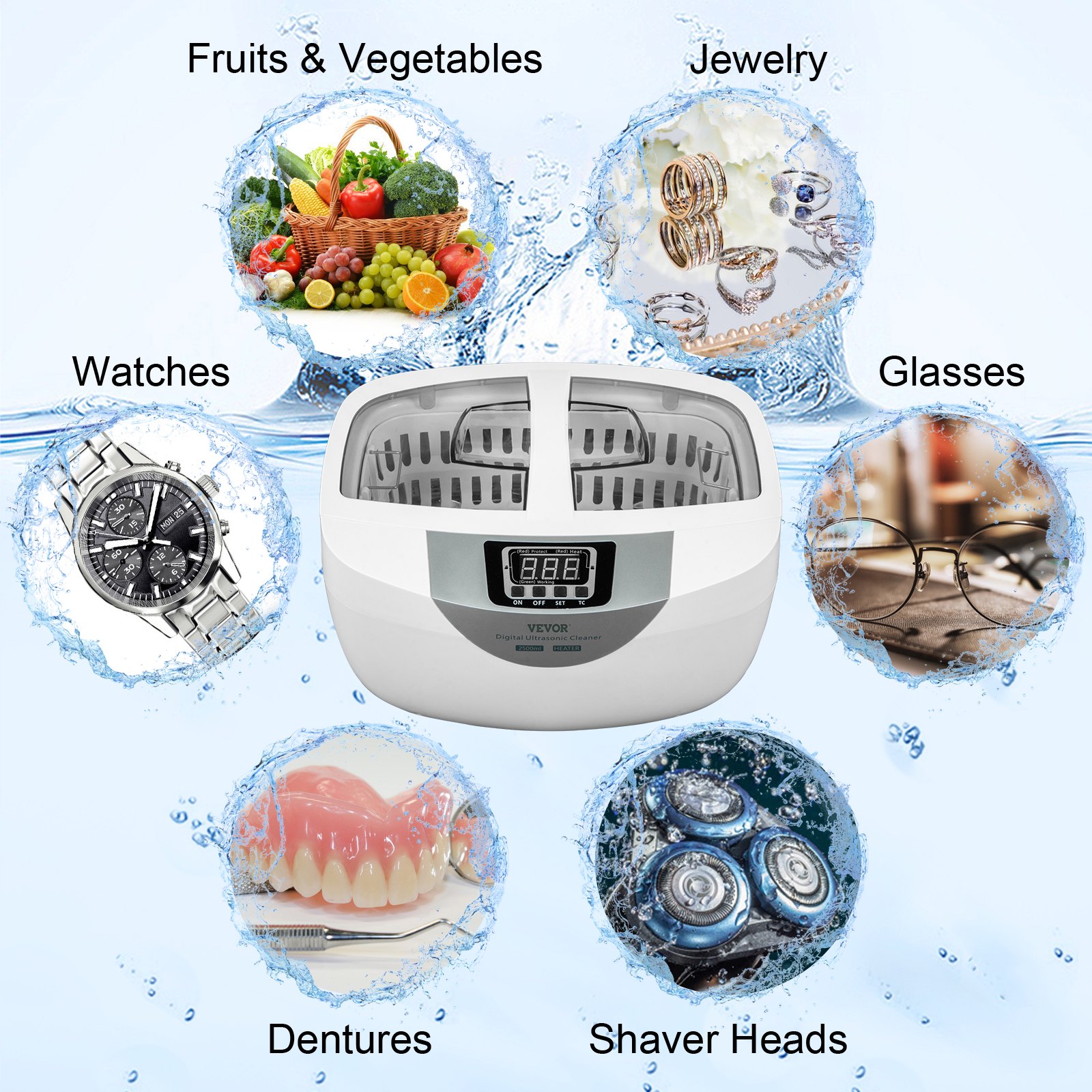 VEVOR Limpiador ultrasónico 2.5L Limpiador ultrasónico de joyas 40kHz Máquina limpiadora ultrasónica de joyas Plástico ABS y acero inoxidable 304 Limpiador sónico con calentador y temporizador para frutas Joyas Gafas Relojes