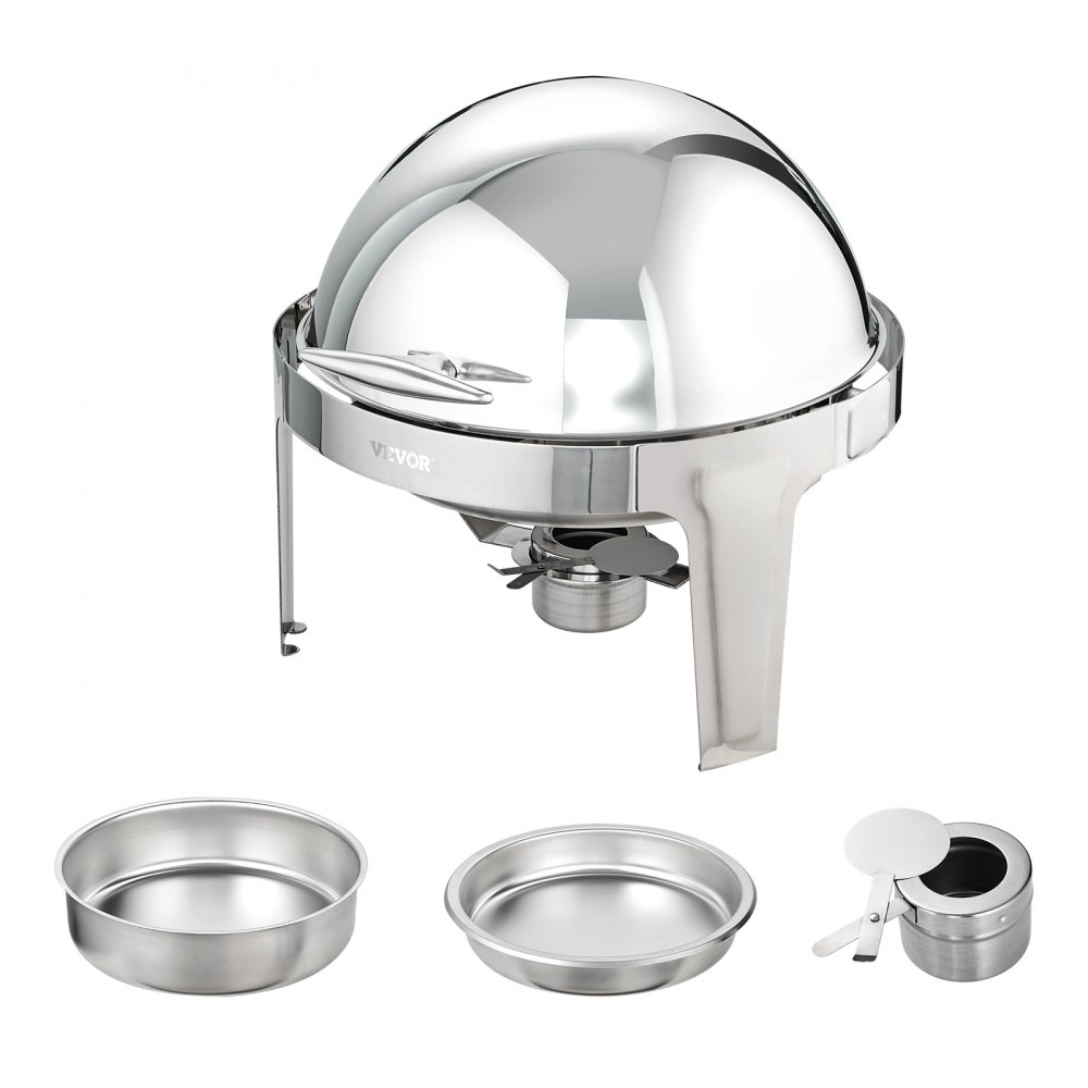 Plato para calentar alimentos con tapa enrollable VEVOR con tapa en forma de cúpula, soporte para combustible y dos inserciones redondas de acero inoxidable.