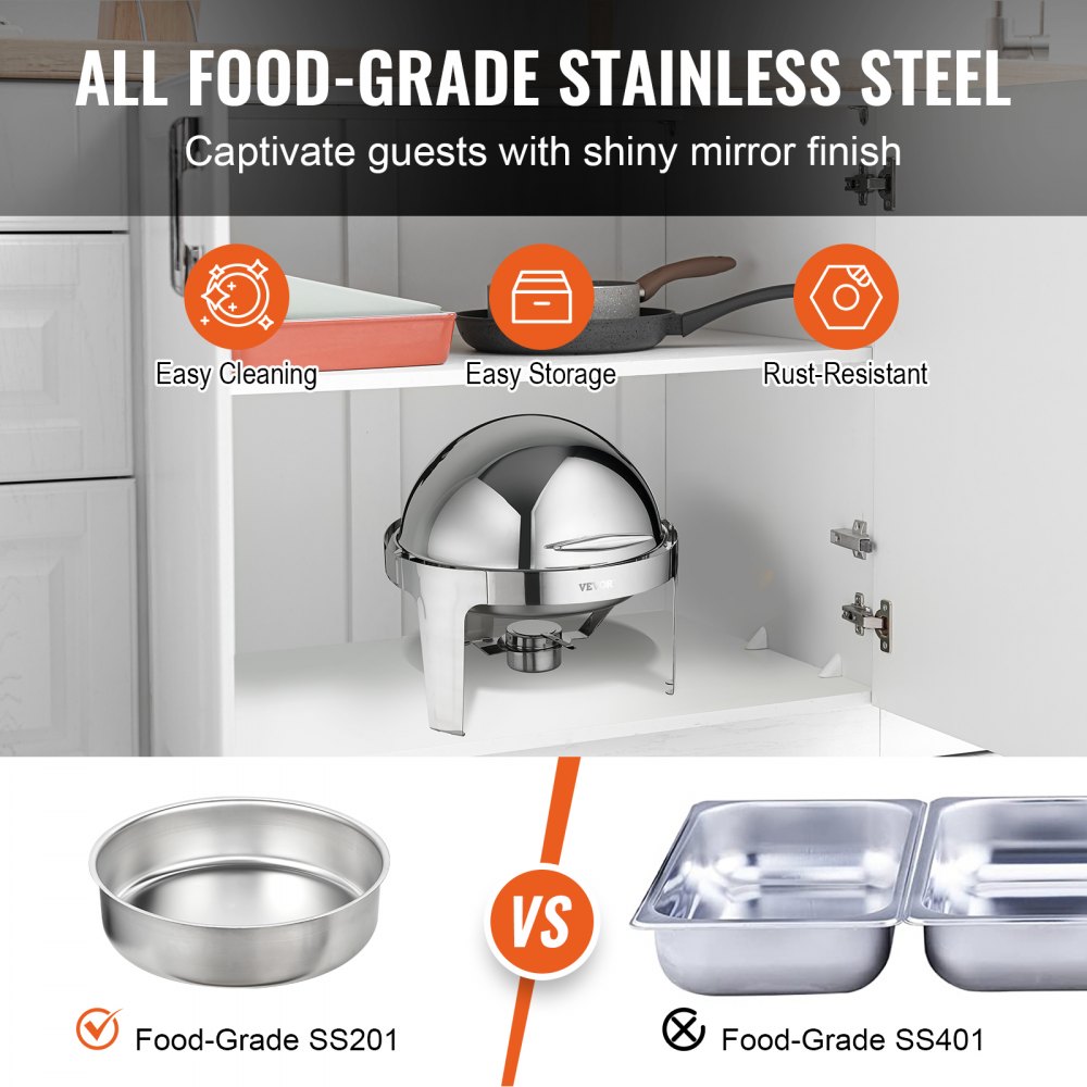 VEVOR Juego de buffet con tapa enrollable, 6 cuartos de galón, 2 unidades, escalfador de acero inoxidable con 2 sartenes de tamaño completo, calentador de catering redondo con tapa, soporte para bandeja de agua, soporte para combustible, para al menos 5 personas cada uno