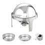 Plato para calentar alimentos con tapa enrollable VEVOR con tapa en forma de cúpula, soporte para combustible y dos inserciones redondas de acero inoxidable.