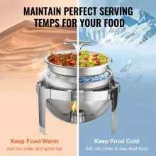 VEVOR Roll Top Chafing Dish Buffet Set, 6 Qt 2 Pack, Chafer de acero inoxidable con 2 sartenes de tamaño completo, Servidor calentador de catering redondo con tapa Soporte para bandeja de agua Soporte de combustible, para al menos 5 personas cada uno