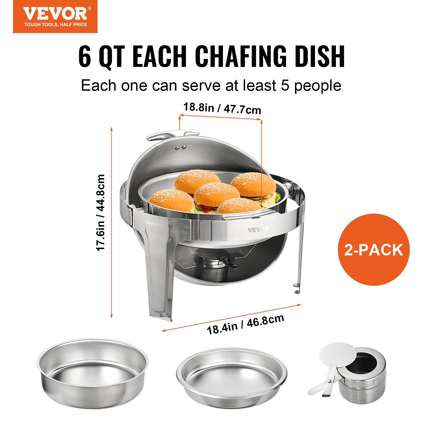 Plato para calentar con tapa enrollable VEVOR con hamburguesas, dimensiones y componentes individuales en un paquete de 2.