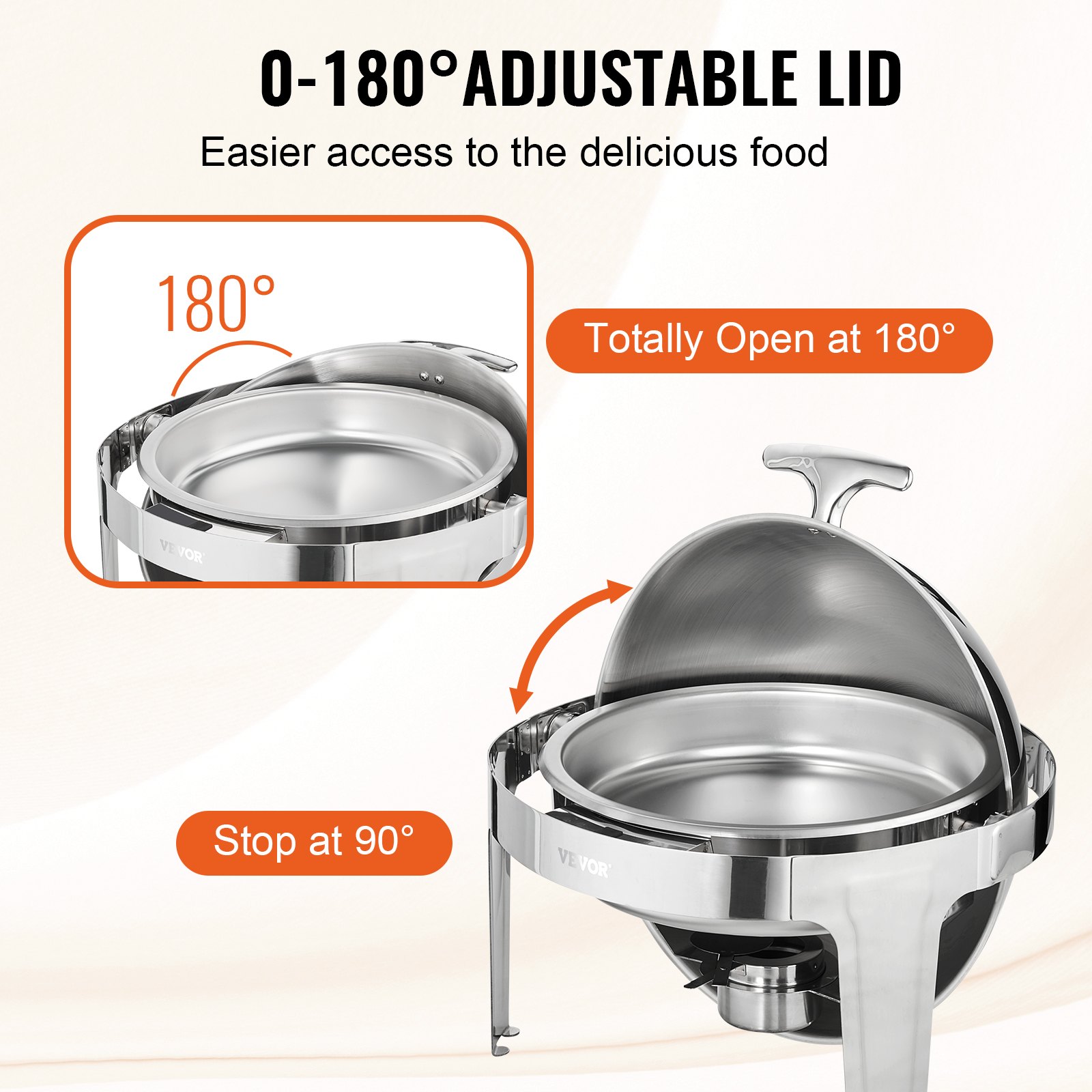 Plato para calentar alimentos con tapa enrollable VEVOR con tapa ajustable de 0 a 180°, apertura a 90° y 180° para un acceso más fácil a los alimentos.