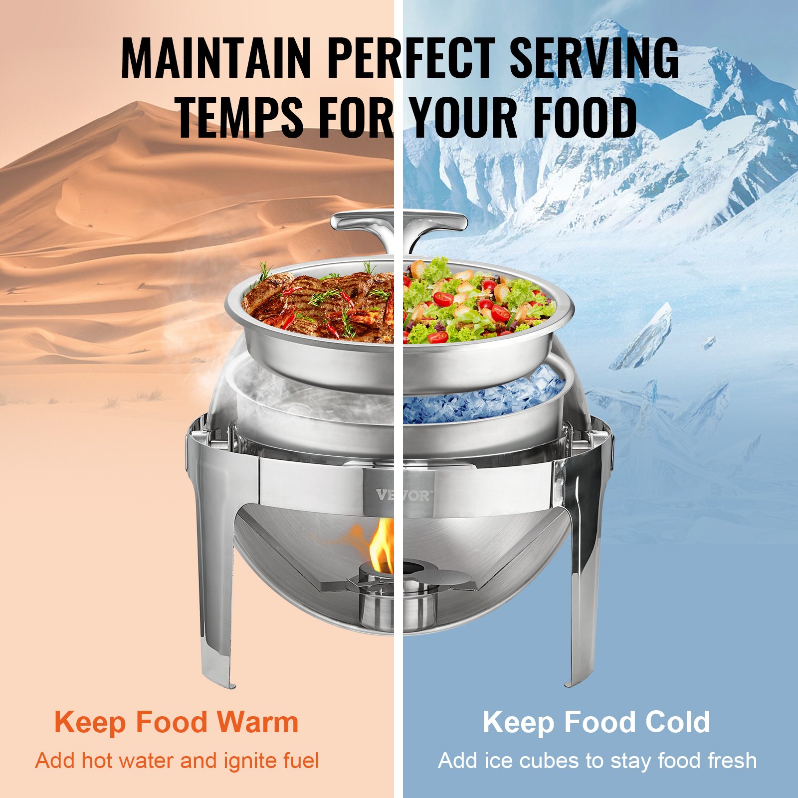 Plato para calentar alimentos con tapa enrollable VEVOR que ofrece capacidades de almacenamiento de alimentos fríos y calientes con compartimentos dobles.