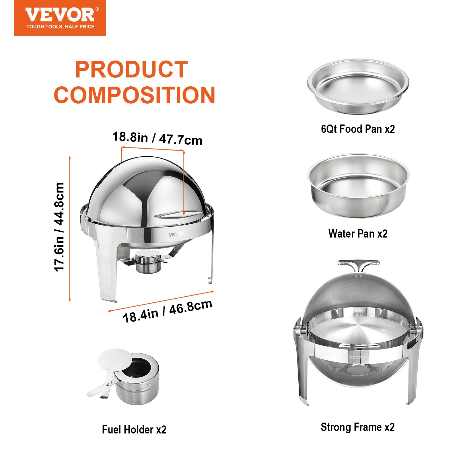 Plato para calentar con tapa enrollable VEVOR, marco resistente, bandeja para alimentos de 6 qt x2, bandeja para agua x2, soporte para combustible x2, medidas.