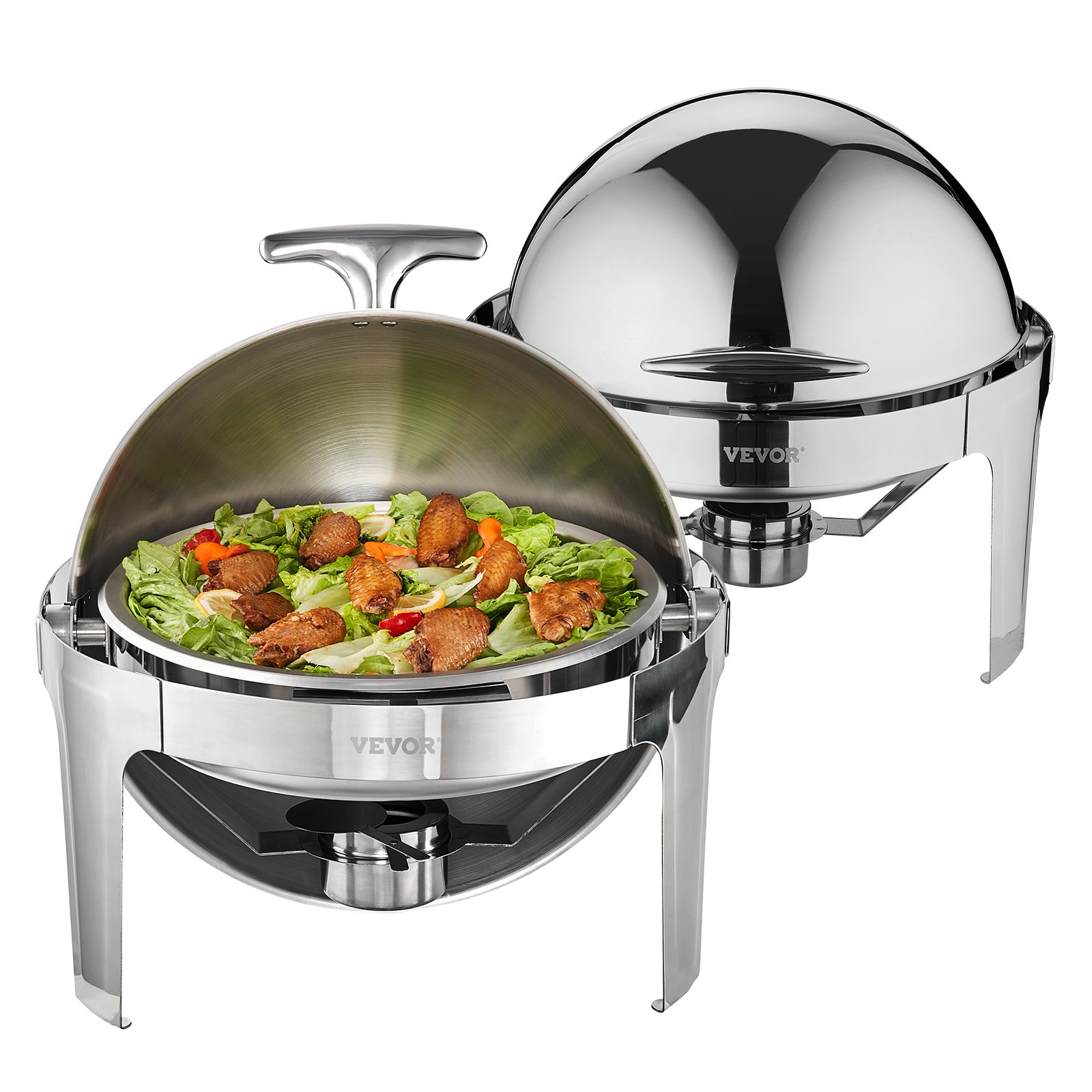 Plato para calentar ensalada y carne con tapa enrollable VEVOR, con un acabado de acero inoxidable brillante.