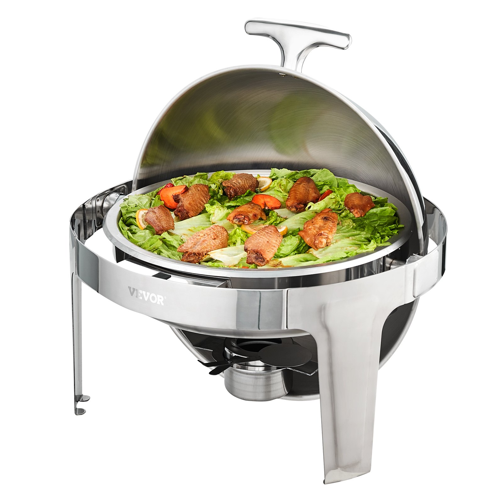 Plato para calentar con tapa enrollable VEVOR lleno de alimentos variados, que incluyen lechuga fresca y carne cocida.