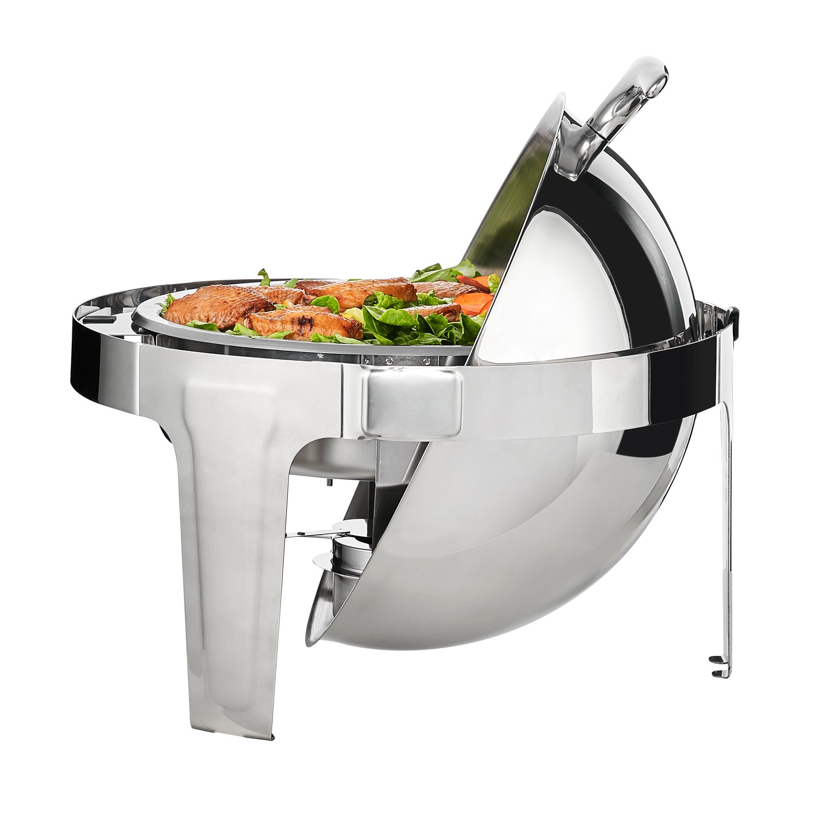 Plato para calentar alimentos con tapa enrollable VEVOR de acero inoxidable, con un diseño elegante y redondo y una tapa abierta.