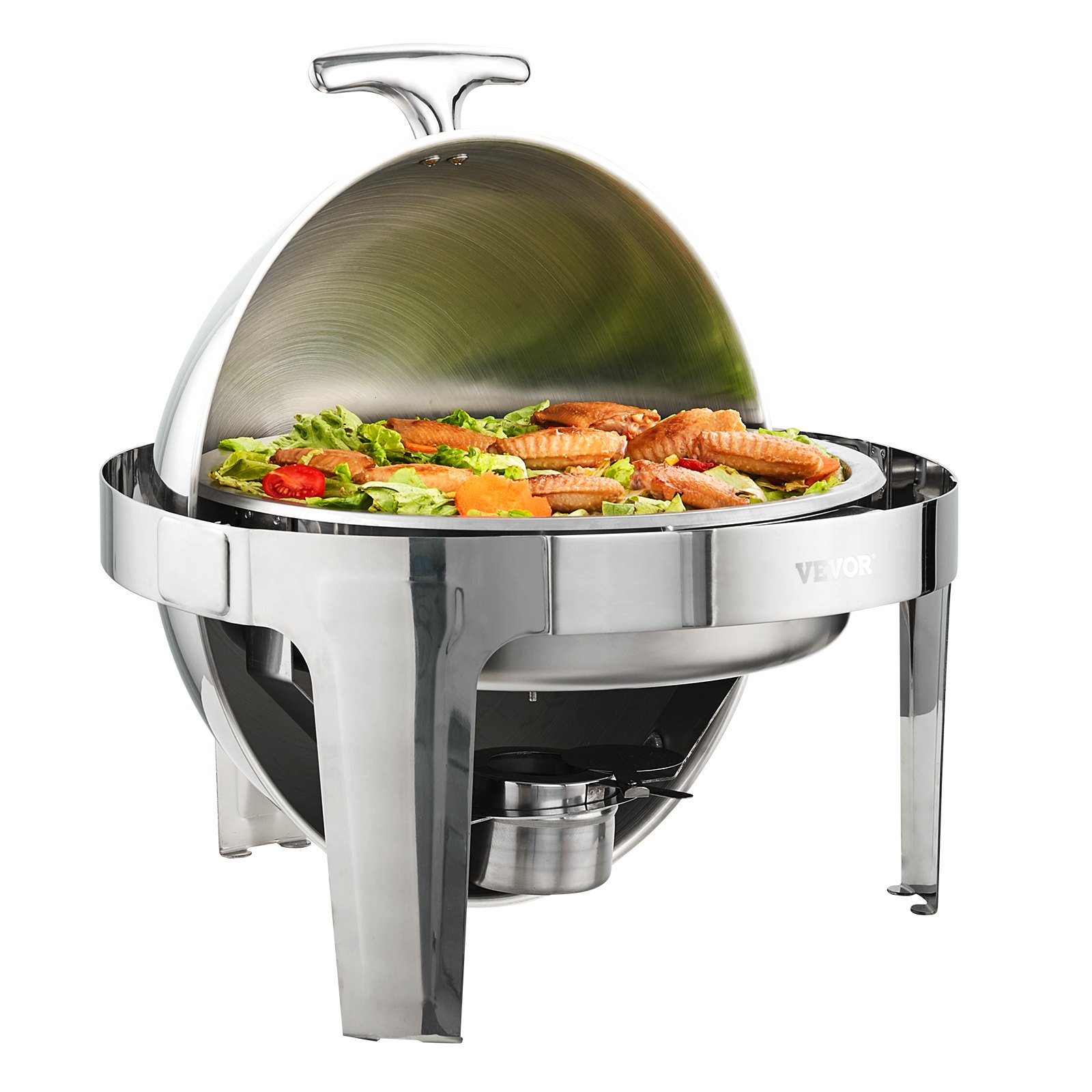 Chafing dish con tapa enrollable VEVOR de acero inoxidable con alimentos, que presenta un elegante diseño redondo y calentador de alimentos.