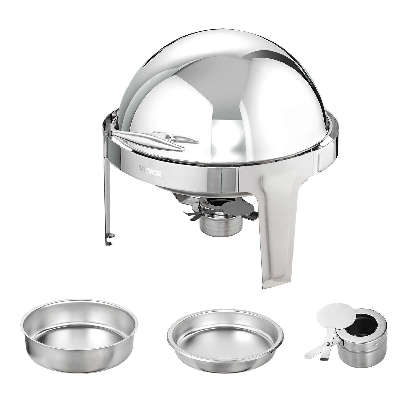 Plato para calentar alimentos con tapa enrollable VEVOR con tapa en forma de cúpula, soporte para combustible y dos inserciones redondas de acero inoxidable.