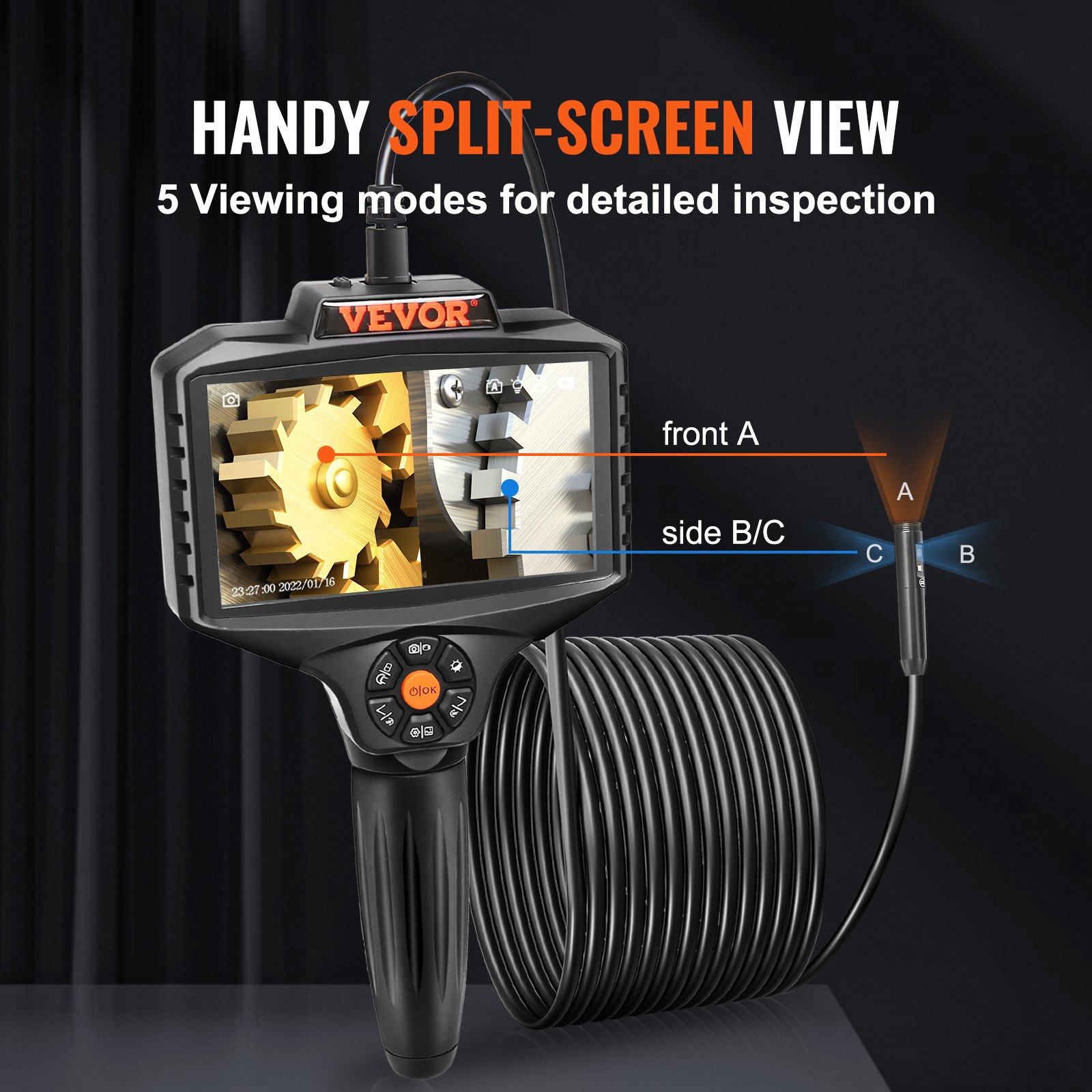 VEVOR Endoscopio industrial de triple lente, cámara de inspección de boroscopio con pantalla IPS de 5" con luces, pantalla dividida, zoom 8x, cámara de serpiente de drenaje impermeable IP67 para automóvil, plomería (cable de 16.5 pies, tarjeta de 32 GB)