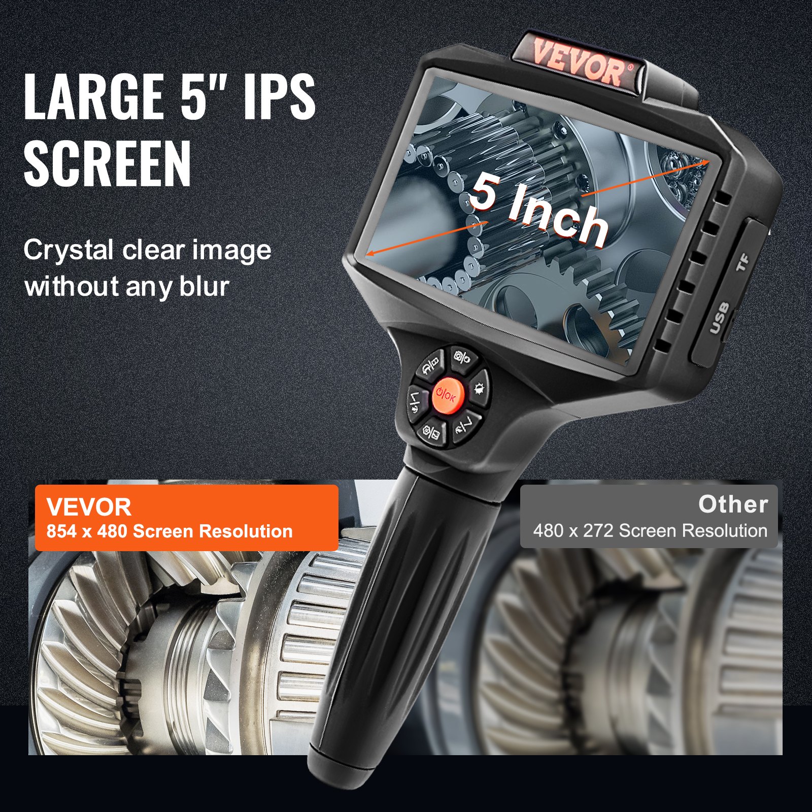 VEVOR Endoscopio industrial de triple lente, cámara de inspección de boroscopio con pantalla IPS de 5" con luces, pantalla dividida, zoom 8x, cámara de serpiente de drenaje impermeable IP67 para automóvil, plomería (cable de 16.5 pies, tarjeta de 32 GB)