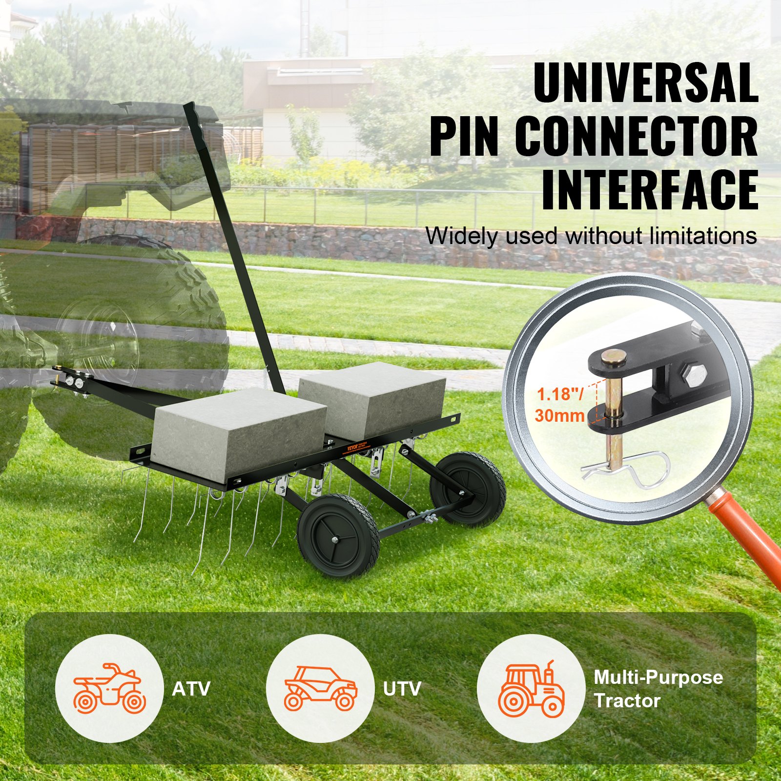 Desbrozadora de césped remolcable VEVOR de 40 pulgadas con 20 púas de acero flexibles, rastrillo para césped para vehículos todo terreno o cortacésped, rastrillo de césped remolcable con asa de elevación para césped de jardín o granja.