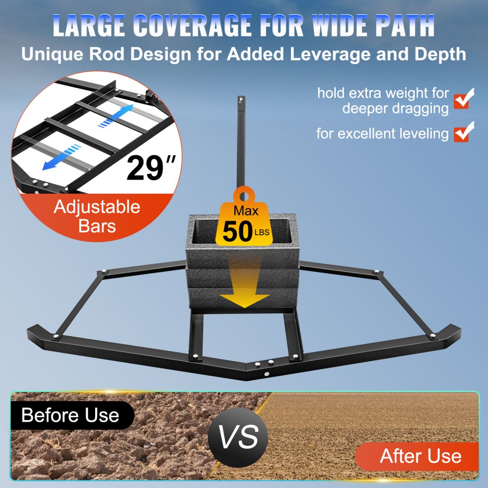 Rastra de arrastre VEVOR de 167 cm de ancho y 89 cm de largo y 10 cm de alto. Rastra para tractor con 2 barras ajustables. Acero resistente. Niveladora para ATV, UTV y tractores de jardín.
