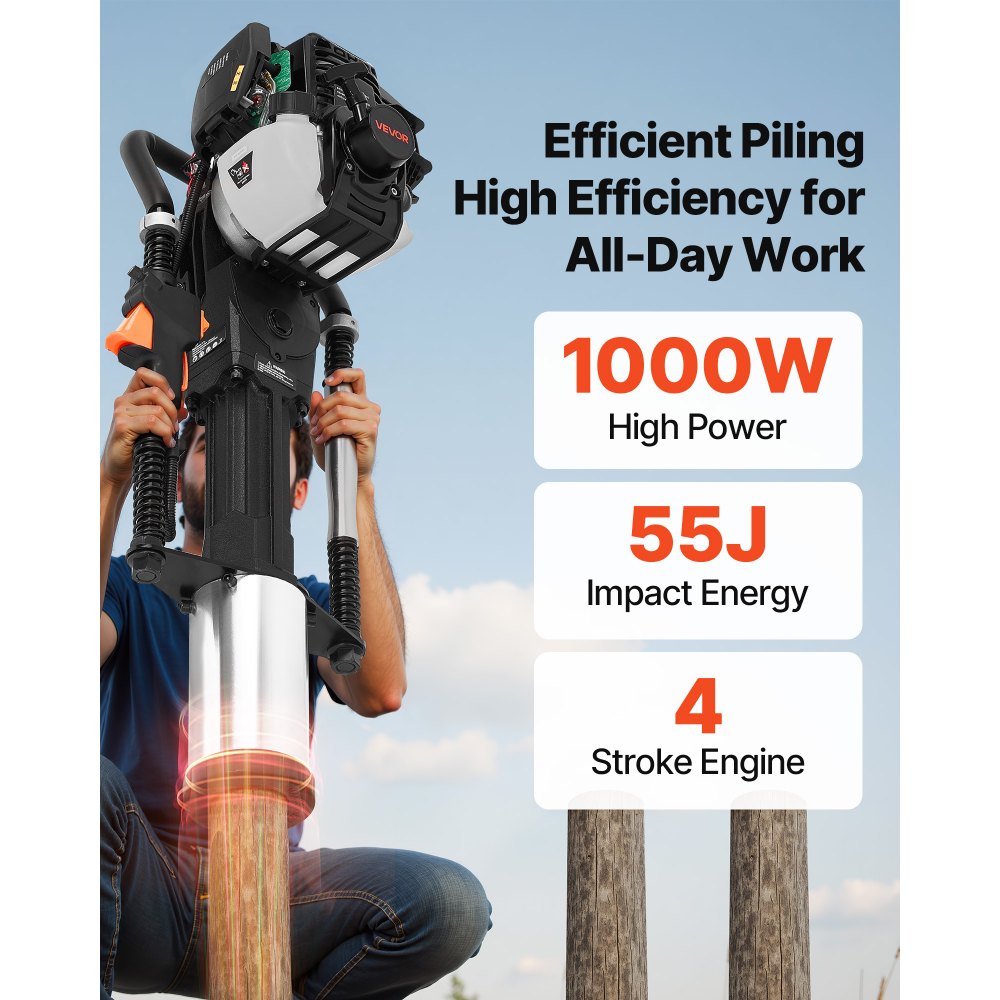 Hundidor de postes en T a gasolina VEVOR, motor de 4 tiempos de 37,7 cc, eficiente herramienta para clavar postes con 3 manguitos de apilamiento, mango antivibración, potente para cercas, ideal para agricultura, huertos, obras viales y paisajismo.