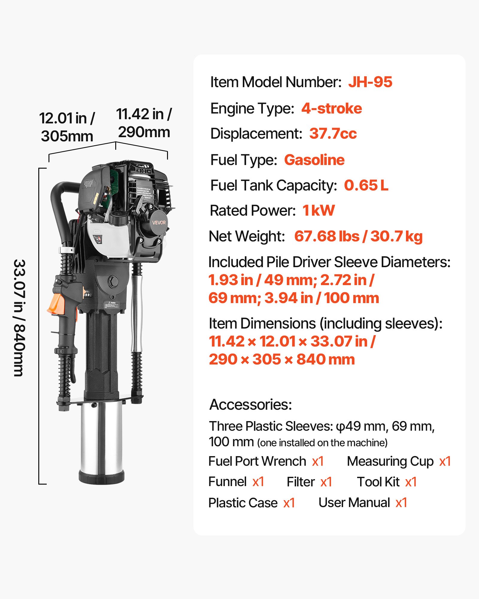 Hundidor de postes en T a gasolina VEVOR, motor de 4 tiempos de 37,7 cc, eficiente herramienta para clavar postes con 3 manguitos de apilamiento, mango antivibración, potente para cercas, ideal para agricultura, huertos, obras viales y paisajismo.