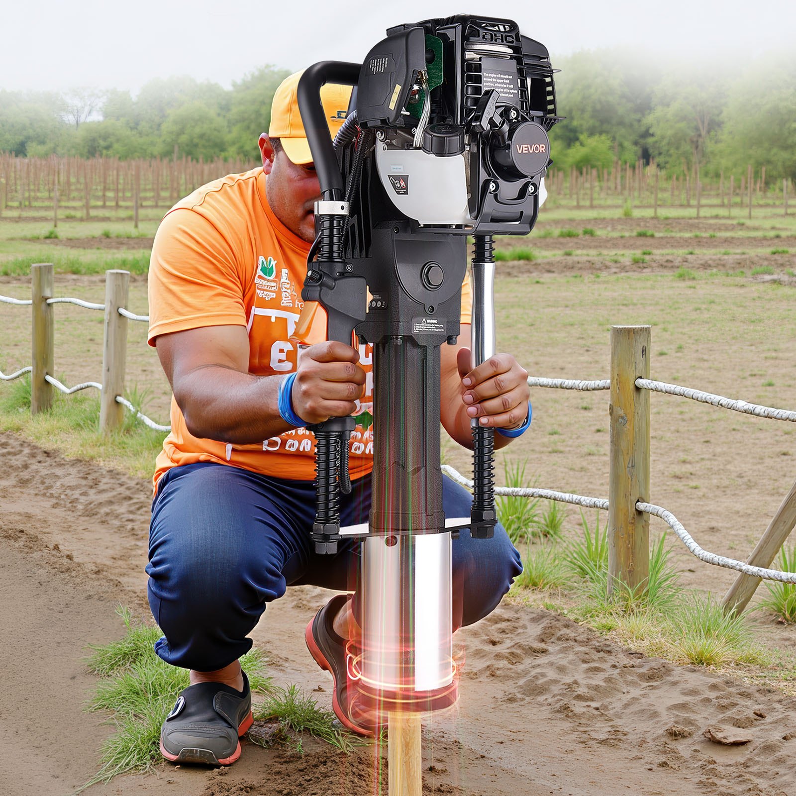 Hundidor de postes en T a gasolina VEVOR, motor de 4 tiempos de 37,7 cc, eficiente herramienta para clavar postes con 3 manguitos de apilamiento, mango antivibración, potente para cercas, ideal para agricultura, huertos, obras viales y paisajismo.