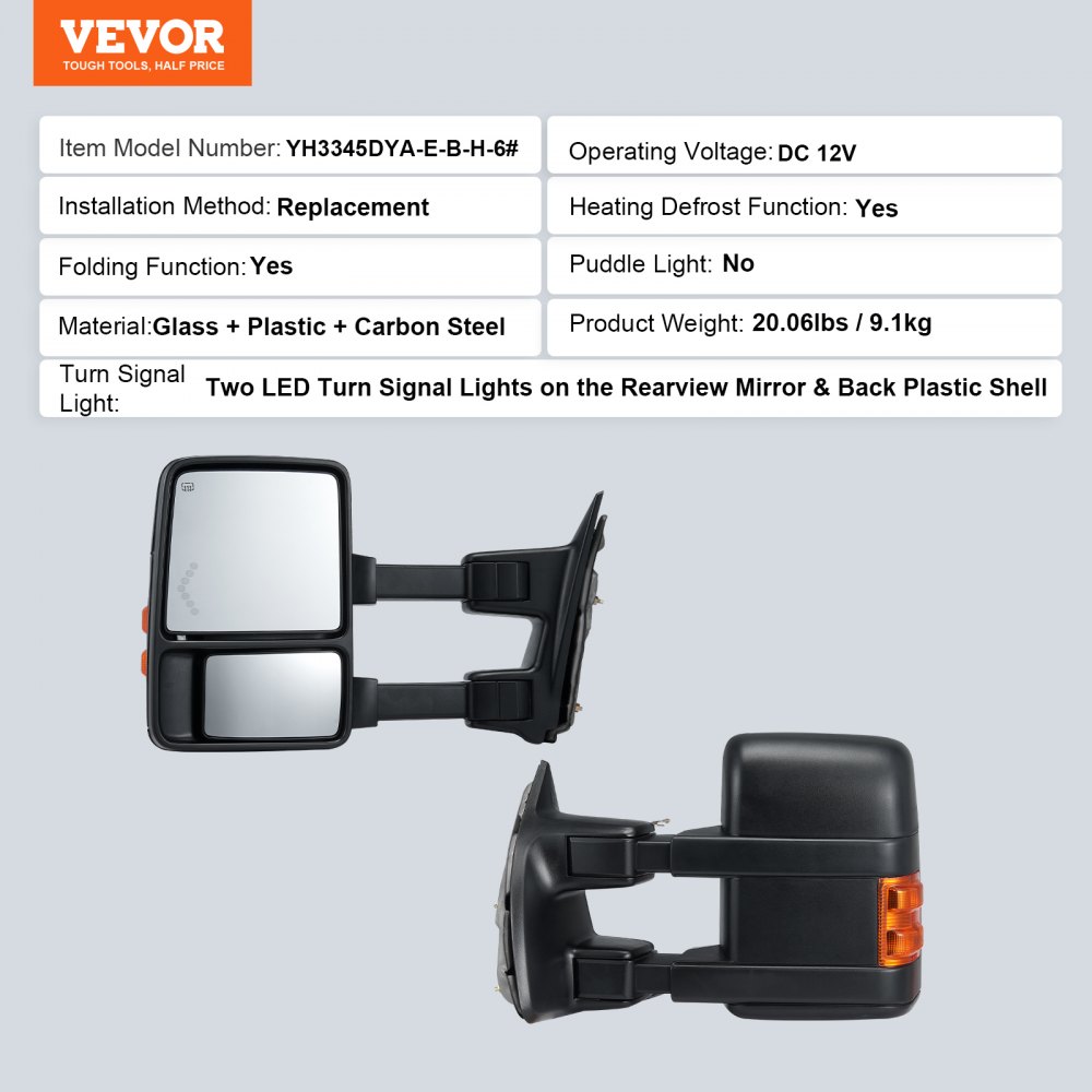 Espejos de remolque VEVOR para Ford f250 f350 f450 f550 con luces de giro LED, función de descongelación y calefacción.