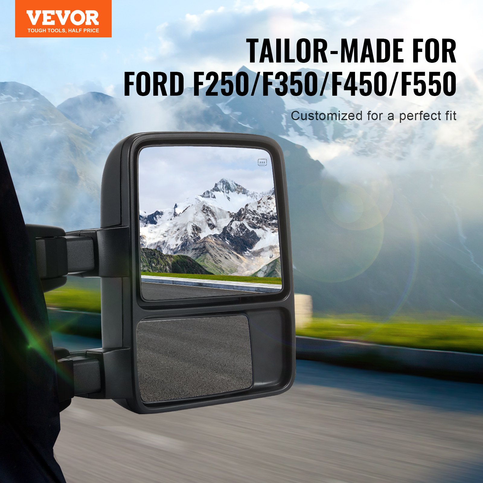 Espejos de remolque VEVOR para Ford F250 F350 F450 F550 con vista panorámica a la montaña reflejada.
