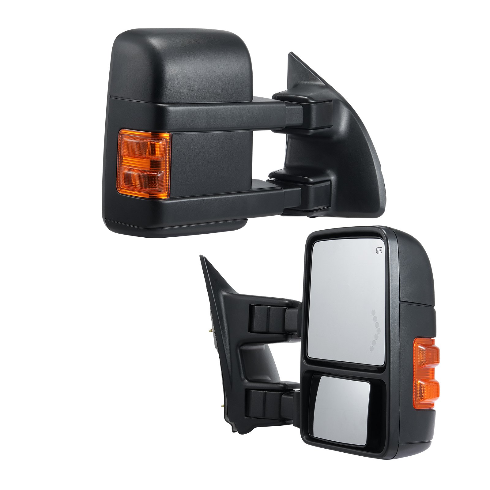 Espejos de remolque VEVOR negros para Ford F250 F350 F450 F550 con luces de señal ámbar y diseño de vidrio doble.