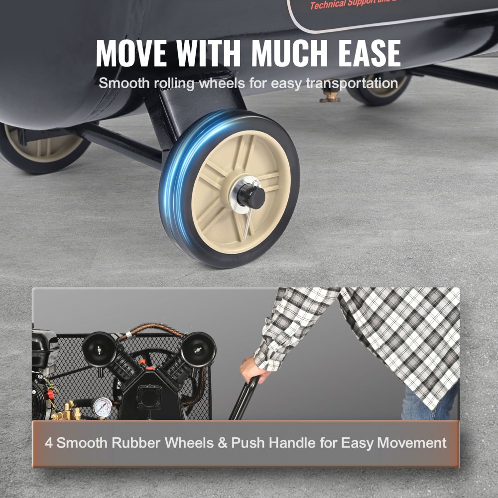 Compresor de aire a gasolina VEVOR de 7 HP, tanque horizontal de 13,2 galones, 9 CFM a 115 PSI, sistema de aire comprimido con bomba de pistón accionada por gas y presión máxima de 115 PSI para talleres y obras de construcción.