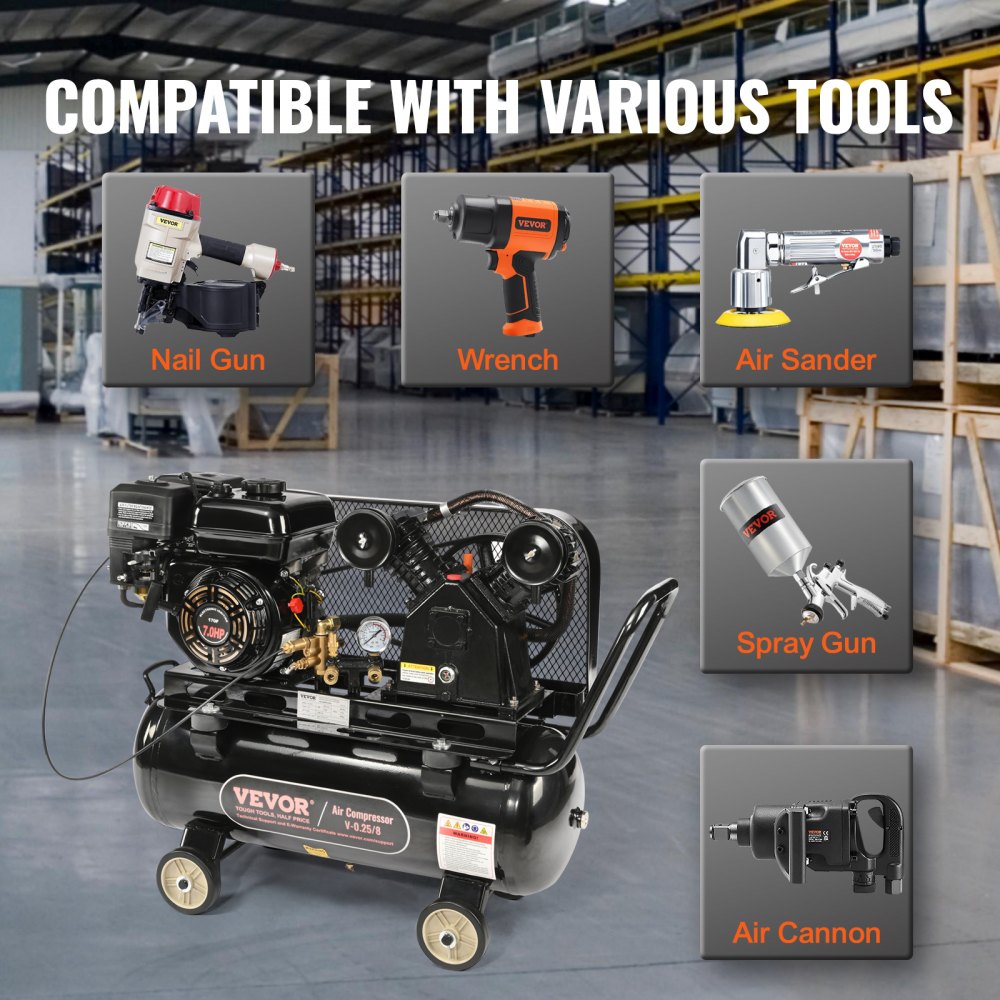 Compresor de aire a gasolina VEVOR de 7 HP, tanque horizontal de 13,2 galones, 9 CFM a 115 PSI, sistema de aire comprimido con bomba de pistón accionada por gas y presión máxima de 115 PSI para talleres y obras de construcción.