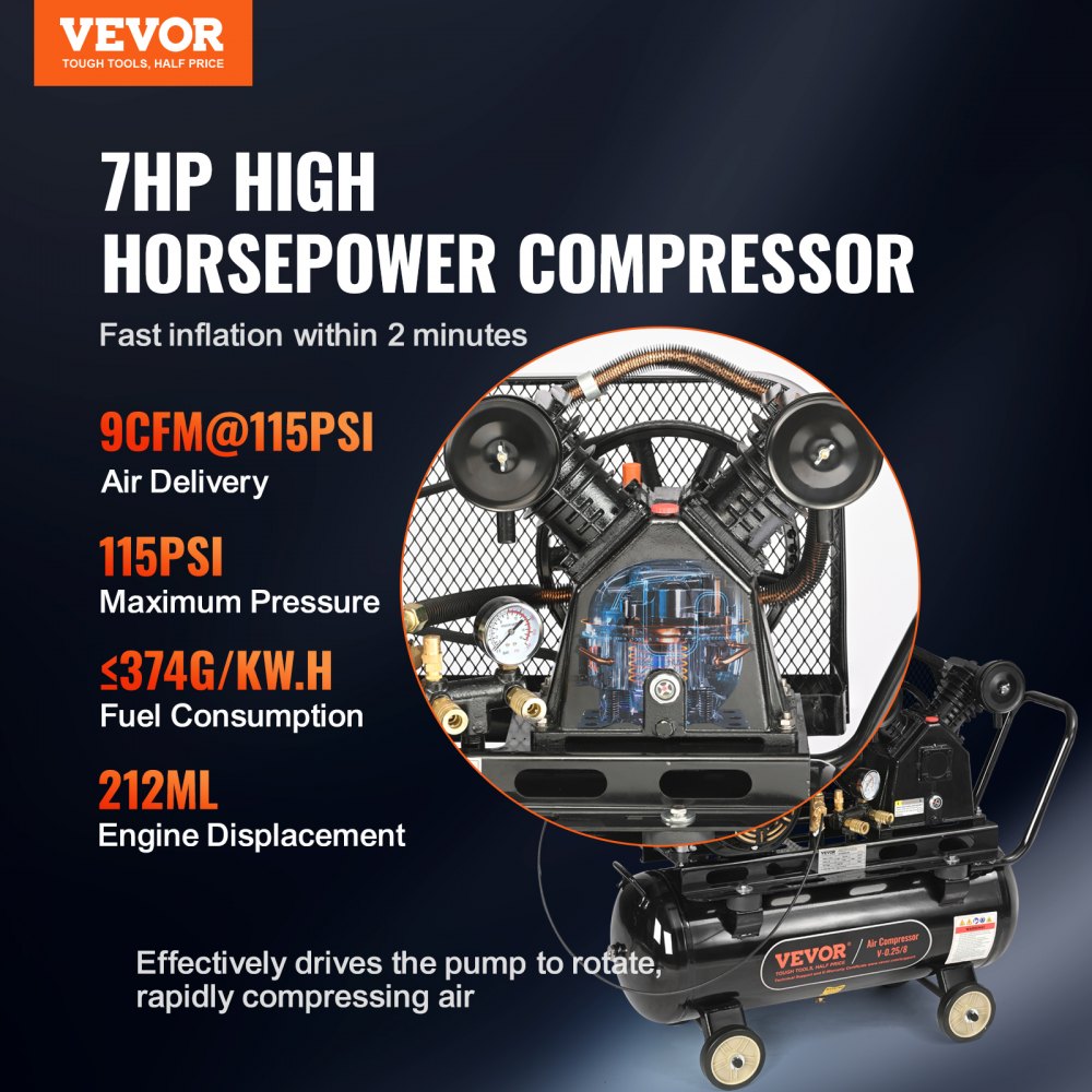 Compresor de aire a gasolina VEVOR de 7 HP, tanque horizontal de 13,2 galones, 9 CFM a 115 PSI, sistema de aire comprimido con bomba de pistón accionada por gas y presión máxima de 115 PSI para talleres y obras de construcción.