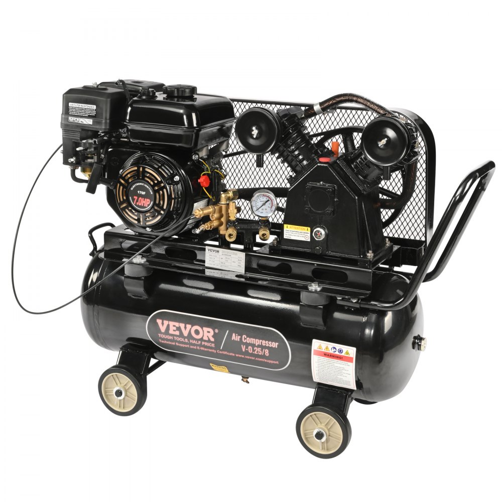 Compresor de aire a gasolina VEVOR de 7 HP, tanque horizontal de 13,2 galones, 9 CFM a 115 PSI, sistema de aire comprimido con bomba de pistón accionada por gas y presión máxima de 115 PSI para talleres y obras de construcción.